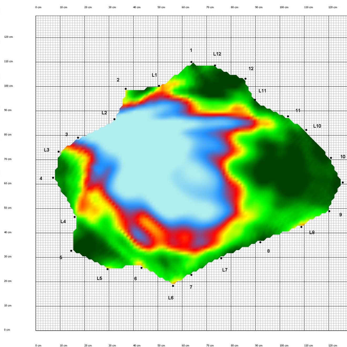 Two dimensional sonic tomogram showing a large area of internal decay